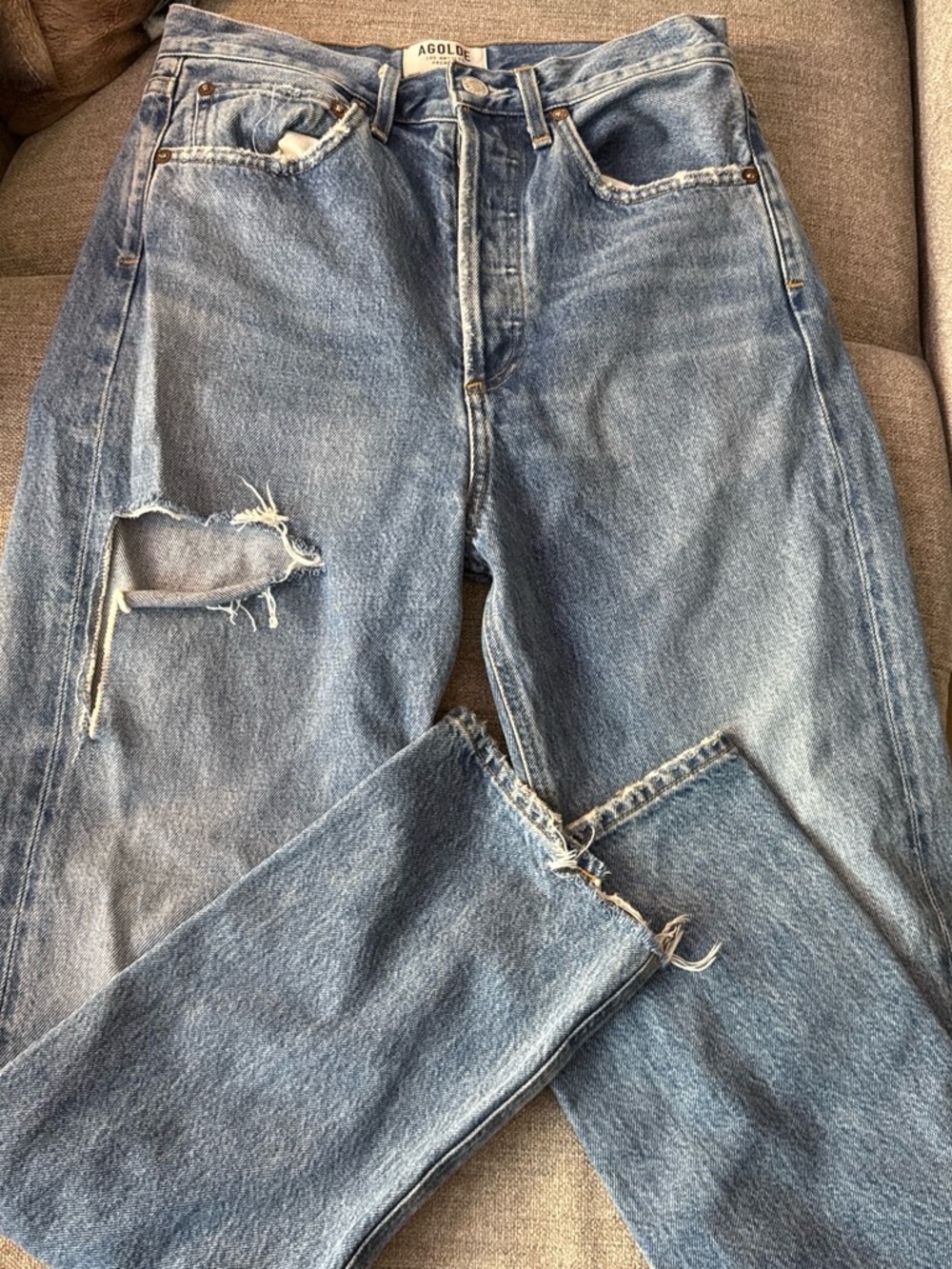 Agolde Women's Light Blue Distressed Straight-Leg Jeans